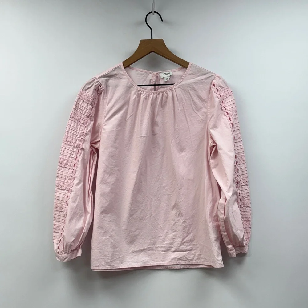 J. Crew Cotton Poplin Pleated Eyelet Puff Sleeve Popover Shirt Pink Small